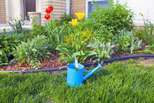 Garden clearance crew removing vegetation in a terraced backyard