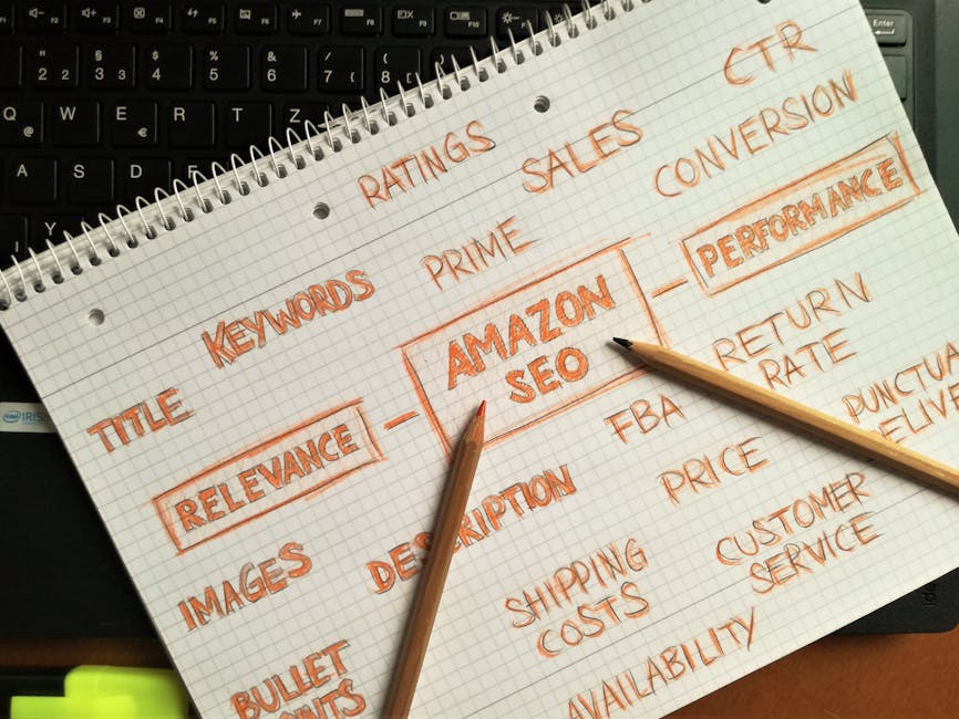 A close-up view of a spiral-bound notebook with grid paper, featuring handwritten notes in orange ink related to SEO and digital marketing. The notes include keywords such as 'RELEVANCE,' 'AMAZON SEO,